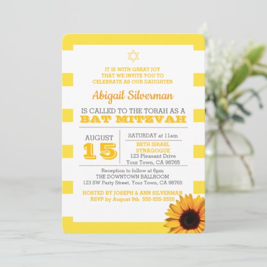 Gouden Streep en Zonnebloem Vleermuis Mitzvah Uitn Kaart (Staand voorkant)