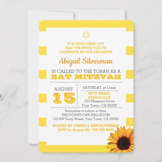 Gouden Streep en Zonnebloem Vleermuis Mitzvah Uitn Kaart (Voorkant)