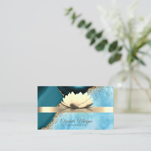 Gouden Streep Marmer Lotus Bloem Yoga Visitekaartje (Staand voorkant)