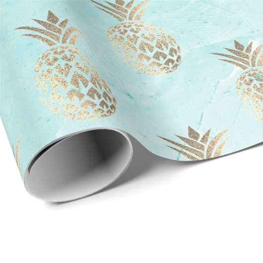 Gouden strepen Aqua Marmer Ananas Goud Cadeaupapier (Rol Hoek)
