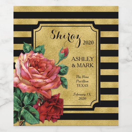 Gouden Strepen Roos Bloemenwijnlabel JoSunshine Wijn Etiket (Enkel label)