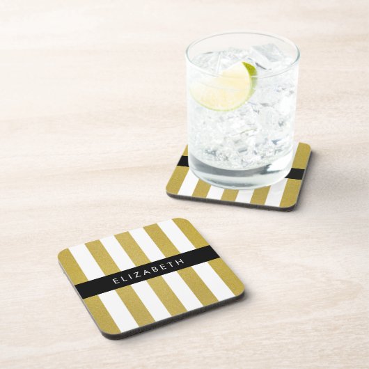 Gouden strepen, streeppatroon, lijnen, Jouw naam Bier Onderzetter (Rechterzijde)