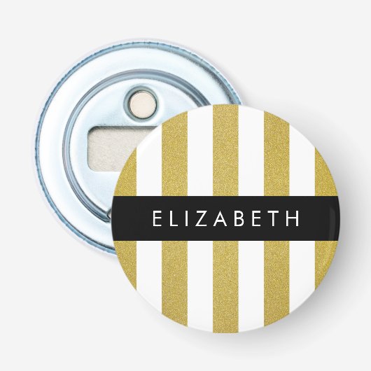 Gouden strepen, streeppatroon, lijnen, Jouw naam Button Flesopener (Voorkant)