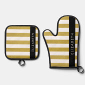 Gouden strepen, streeppatroon, lijnen, Jouw naam Ovenwant & Pannenlap Set (Voorkant)