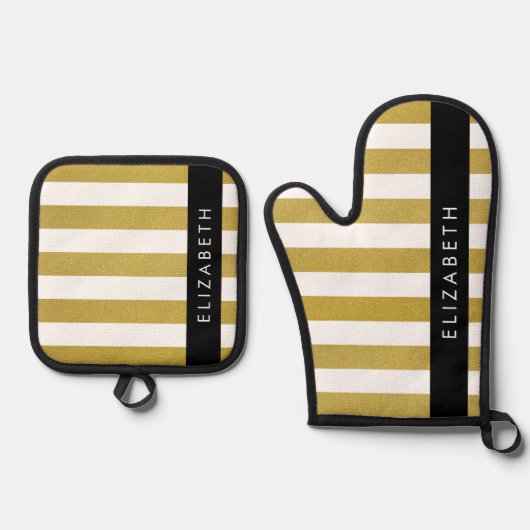 Gouden strepen, streeppatroon, lijnen, Jouw naam Ovenwant & Pannenlap Set (Voorkant)