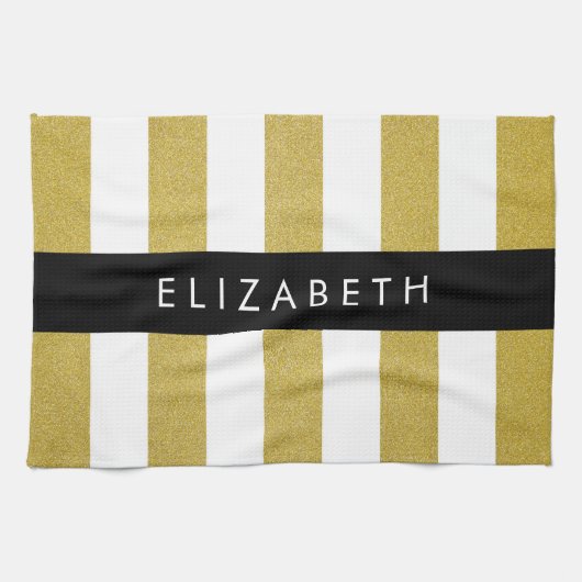 Gouden strepen, streeppatroon, lijnen, Jouw naam Theedoek (Horizontaal)