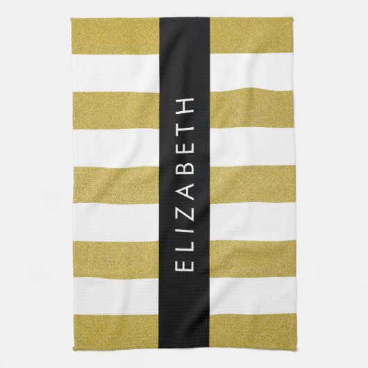 Gouden strepen, streeppatroon, lijnen, Jouw naam Theedoek (Verticaal)