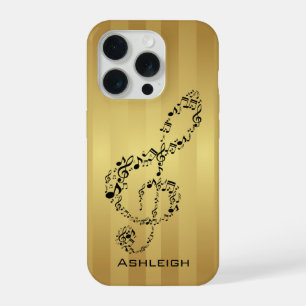 Gouden Strepen Zwarte Vioolsleutel Muzieknoten iPhone 15 Pro Case