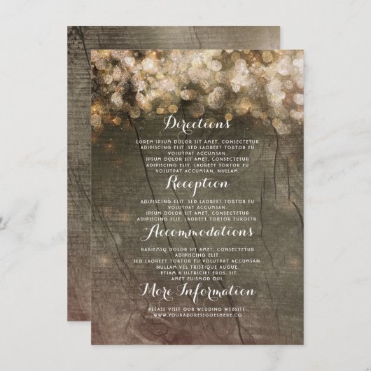 Gouden String Lights Rustieke Bruiloft Details Informatiekaartje (Voorkant / Achterkant)