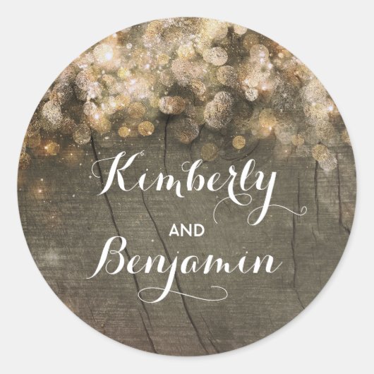 Gouden string van lichten rustieke schuur bruiloft ronde sticker (Voorkant)