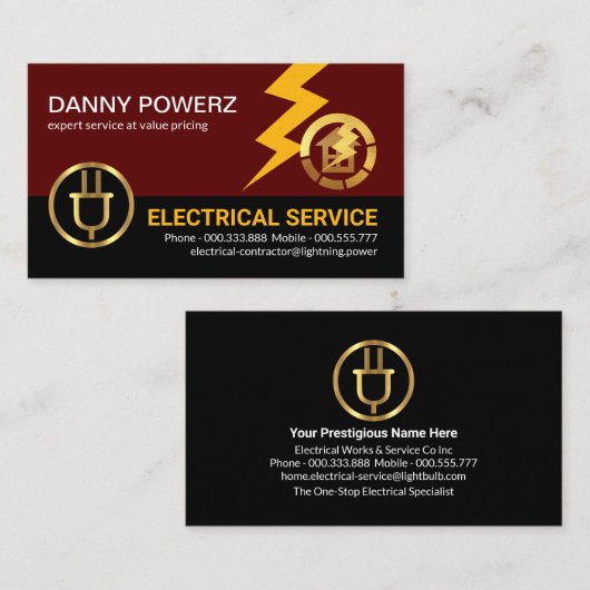 Gouden stroomstekker blikseminslag visitekaartje (Voorkant / Achterkant)