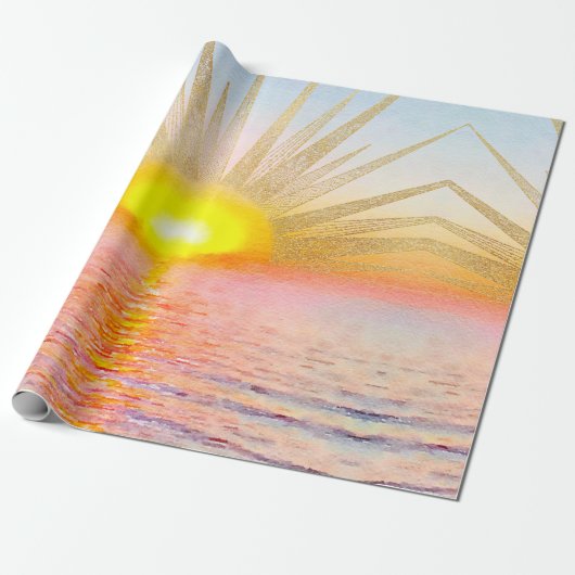 Gouden Sunset Sun Mandala Waterverf Zee Cadeaupapier (Uitgerold)