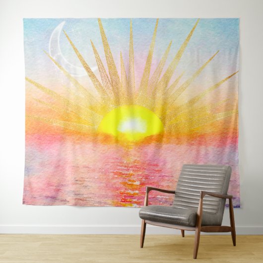 Gouden Sunset Sun Mandala Waterverf Zee Wandkleed (In Situ (horizontaal))