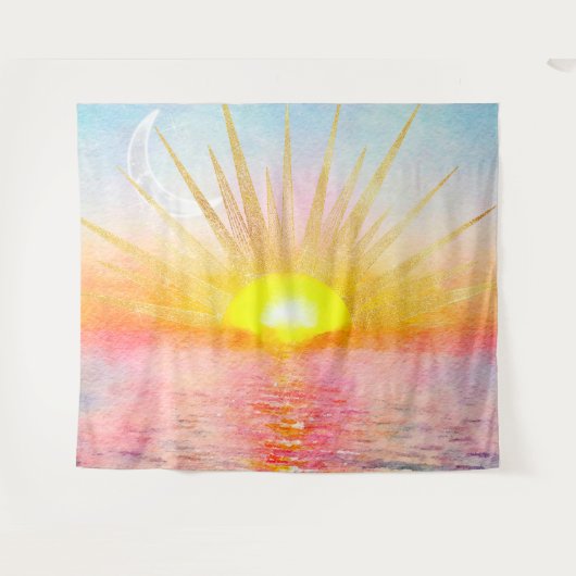 Gouden Sunset Sun Mandala Waterverf Zee Wandkleed (Voorkant (horizontaal))