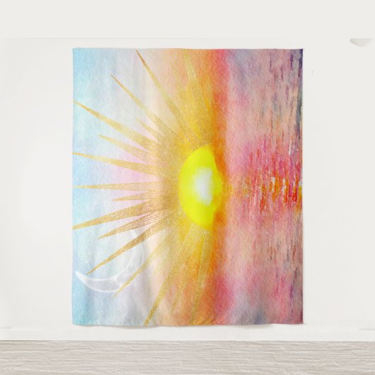 Gouden Sunset Sun Mandala Waterverf Zee Wandkleed (Voorkant)