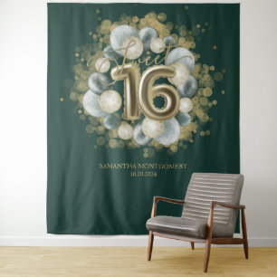 Gouden Sweet 16 Verjaardagsballonnen Feest Groene Wandkleed