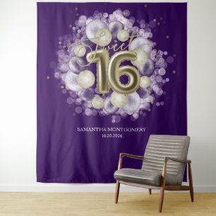 Gouden Sweet 16 Verjaardagsballonnen Feest Paarse  Wandkleed