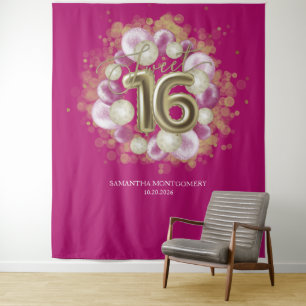 Gouden Sweet 16 Verjaardagsballonnen Feest Roze Ac Wandkleed