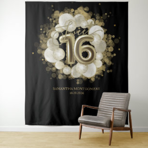Gouden Sweet 16 Verjaardagsballonnen Feest Zwarte Wandkleed