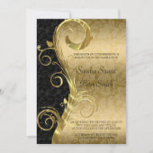 Gouden Swirl En Gouden Zwarte Damast Bruiloft Kaart (Voorkant)