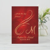 Gouden Swirl Monogram Hoge Rood Huwelijk Kaart (Staand voorkant)