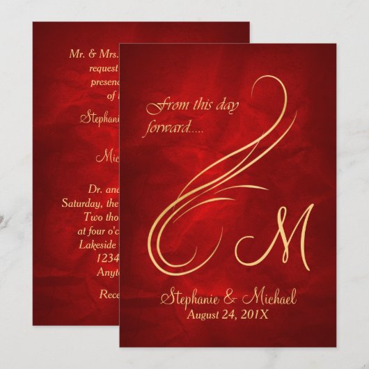 Gouden Swirl Monogram Hoge Rood Huwelijk Kaart (Voorkant / Achterkant)
