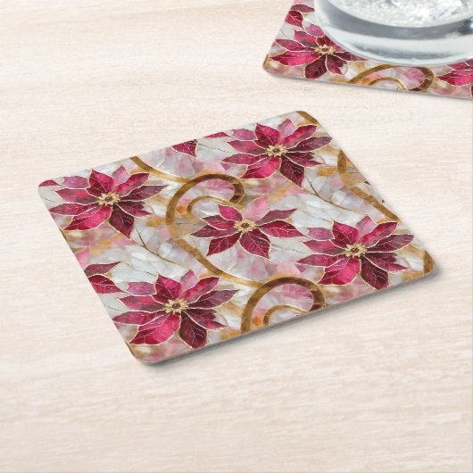 Gouden Swirls Bourgondië Roze Kerstmis Poinsettias Kartonnen Onderzetters (Schuin)