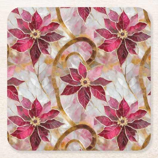 Gouden Swirls Bourgondië Roze Kerstmis Poinsettias Kartonnen Onderzetters (Voorkant)