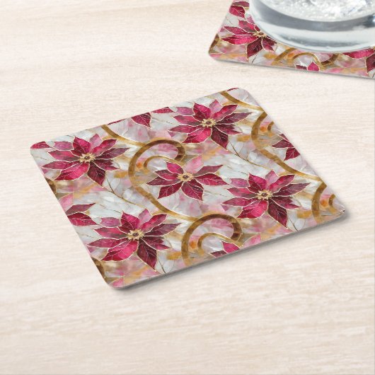 Gouden Swirls Bourgondië Roze Kerstmis Poinsettias Kartonnen Onderzetters (Schuin)