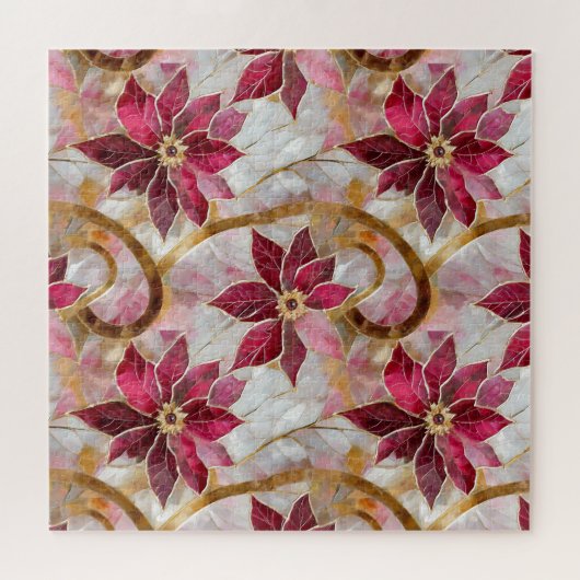 Gouden Swirls Bourgondië Roze Kerstmis Poinsettias Legpuzzel (Horizontaal)