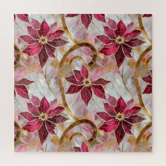 Gouden Swirls Bourgondië Roze Kerstmis Poinsettias Legpuzzel (Verticaal)