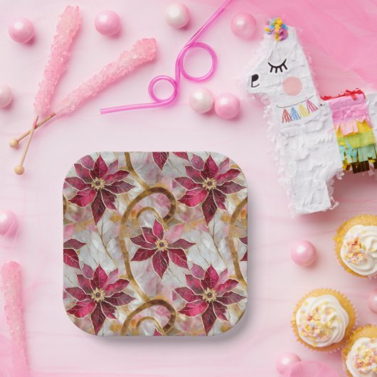 Gouden Swirls Bourgondië Roze Kerstmis Poinsettias Papieren Bordje (Feest)