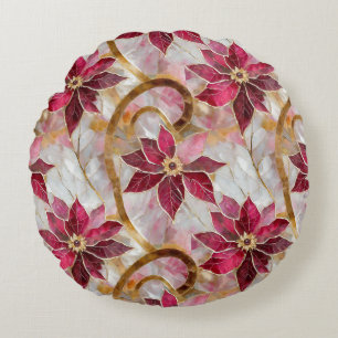 Gouden Swirls Bourgondië Roze Kerstmis Poinsettias Rond Kussen