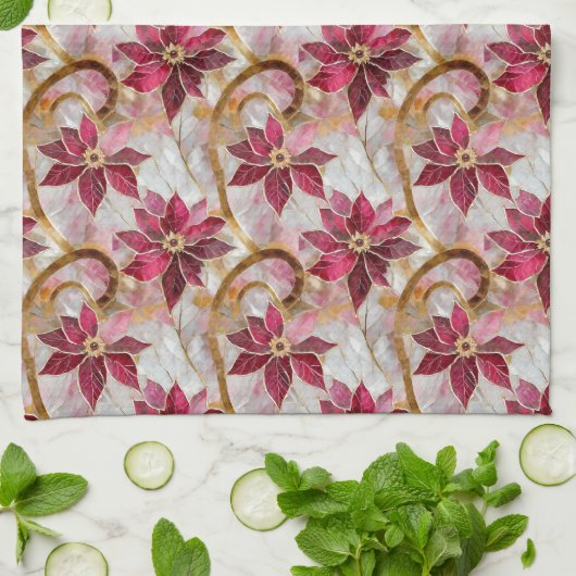 Gouden Swirls Bourgondië Roze Kerstmis Poinsettias Theedoek (Gevouwen)