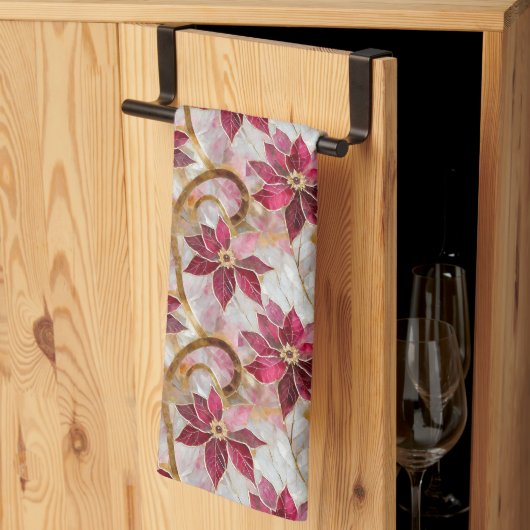 Gouden Swirls Bourgondië Roze Kerstmis Poinsettias Theedoek (Derde Gevouwen)