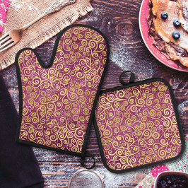  gouden swirls patroon classy schattig meisje roze ovenwant & pannenlap set