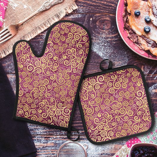 gouden swirls patroon classy schattig meisje roze ovenwant & pannenlap set