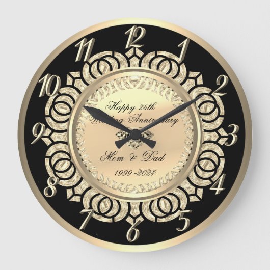 Gouden Swirls Zwart 25e bruiloft Jubileum Grote Klok (Voorkant)