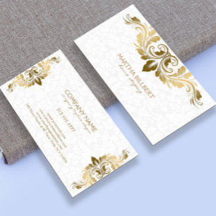 Gouden swirly kant op pluche witte damast visitekaartje