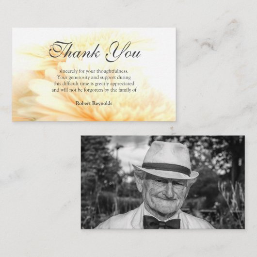 Gouden sympathie begrafenis bloemen & foto dank u notitiekaartje (Voorkant / Achterkant)