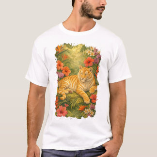 Gouden Tabby Tijger tussen tropische bloemen T-shirt