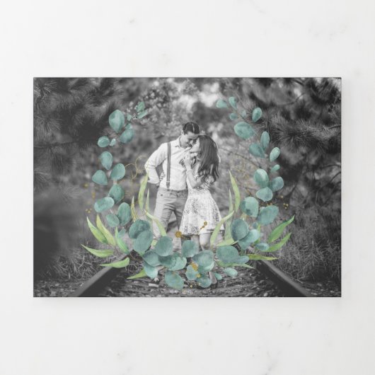 Gouden tak Eucalyptus laat marineblauw huwelijk Drieluik Uitnodiging (Cover)