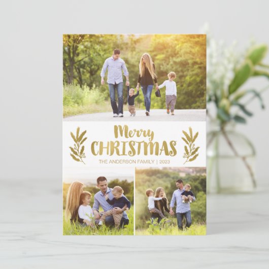 Gouden tak kerst Kaarten met drie Afbeeldingen (Staand voorkant)