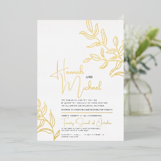 Gouden tak met bladeren schets bruiloft  folie uitnodiging (Staand Voorkant)