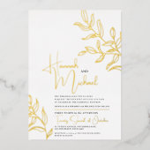 Gouden tak van bladeren schets bruiloft folie uitnodiging (Voorkant)