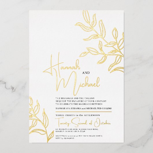 Gouden tak van bladeren schets bruiloft folie uitnodiging (Voorkant)