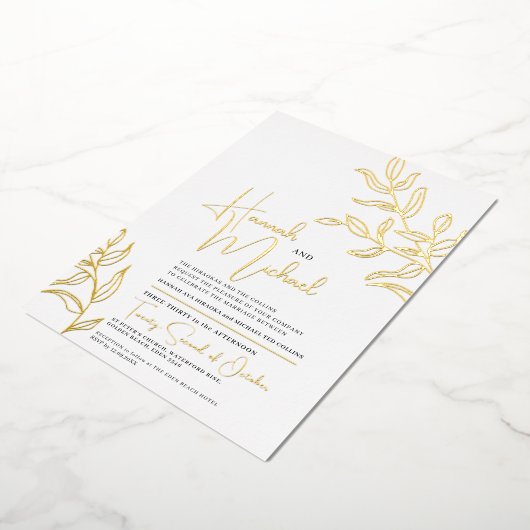 Gouden tak van bladeren schets bruiloft folie uitnodiging (Gedraaid)
