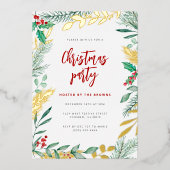 Gouden Takken Waterverf Bladgroen Kerstfeest Folie Uitnodiging (Voorkant)