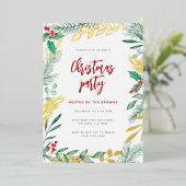 Gouden Takken Waterverf Bladgroen Kerstfeest Folie Uitnodiging (Staand Voorkant)