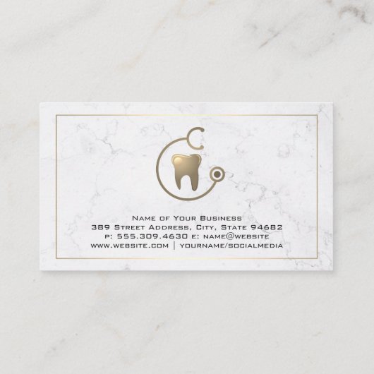 Gouden Tand Stethoscoop Logo | Marmeren Visitekaar Visitekaartje (Achterkant)